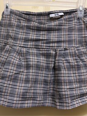 Gray Plaid Pleated Mini Skirt with Tan Accents
